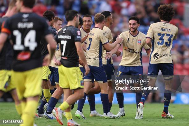 Trent Buhagiar of the Jets celebrartes his goal with team mates during the A-League Men round 14 match between Newcastle Jets and Wellington Phoenix...