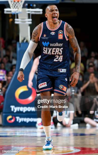 Jacob Wiley of the 36ers celebrates shooting 2 points during the round 17 NBL match between Adelaide 36ers and Cairns Taipans at Adelaide...