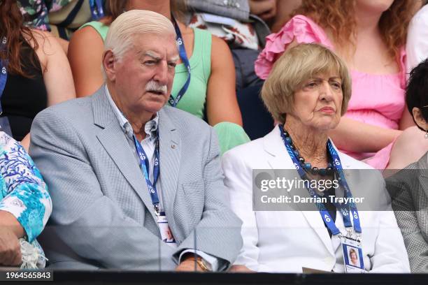 Barrymore Court and Margaret Court look on ahead of the Women's Singles Final match between Qinwen Zheng of China and Aryna Sabalenka during the 2024...