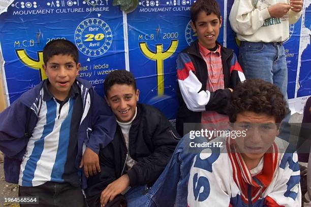Berber children in this village 250 kilometers east of Algiers pose on the eve of a march and ceremonies calling for recognition of Tamazight, the...