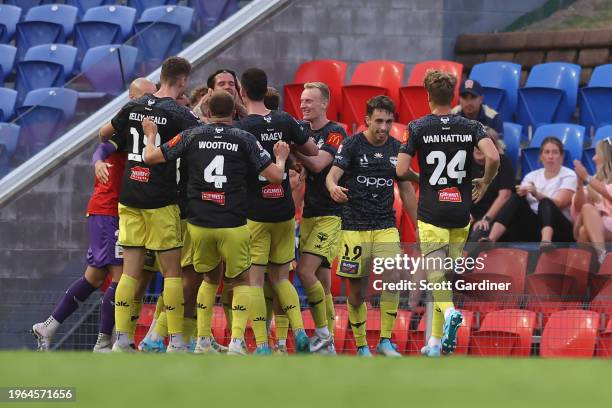 Wellington Phoenix celebrate the goal of Oskar Zawada of the Phoenix during the A-League Men round 14 match between Newcastle Jets and Wellington...