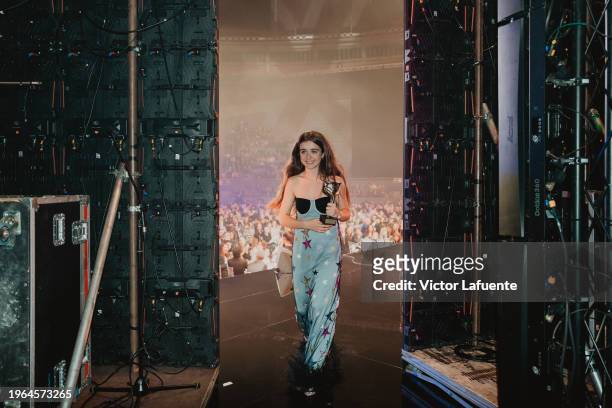 Irene Balmes winner of the award for Best Supporting Actress in a Series is seen backstage at the feroz Awards 2024 at Palacio Vistalegre Arena on...