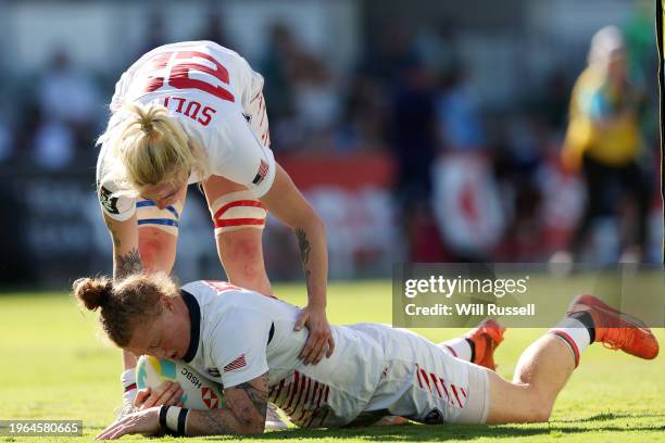 Alev Kelter of USA scores a try during the 2024 Perth SVNS men's/women's match between and at HBF Park on January 27, 2024 in Perth, Australia. Of USA