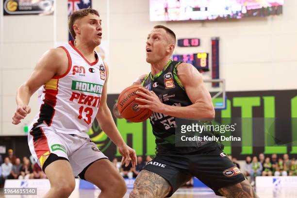 Mitchell Creek of the Phoenix drives to the basket during the round 17 NBL match between South East Melbourne Phoenix and Perth Wildcats at State...