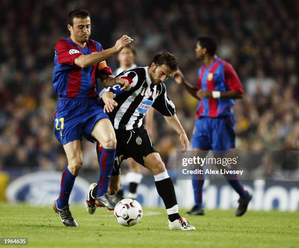 Luis Enrique of Barcelona holds the ball up against Alessandro Del Piero of Juventus during the UEFA Champions League Quarter-Final second leg match...