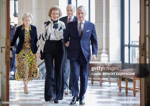 Belgium's Princess Astrid, Queen Mathilde, Prince Lorenz and King Philippe arrives for a New Year's reception organized by the Royal Family for the...