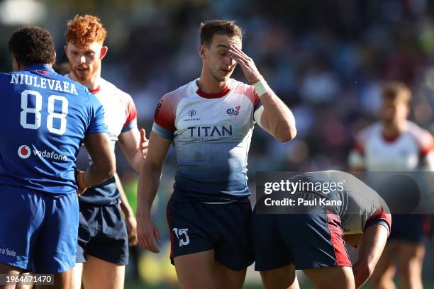 Tom Emery of Great Britain reacts after being defeated during the 2024 Perth SVNS men's match between Samoa and Great Britain at HBF Park on January...