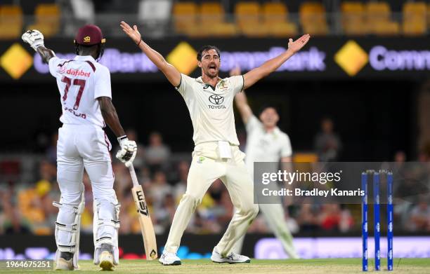 Mitchell Starc of Australia appeals to the umpire but is unsuccessful due to a 'no ball' delivery during day three of the Second Test match in the...