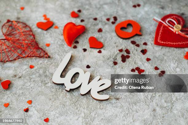 word love and red heart shaped valentine's day stuff. - wicker heart stock pictures, royalty-free photos & images