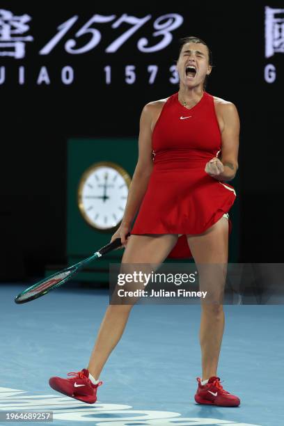 Aryna Sabalenka celebrates a point during their Women's Singles Final match against Qinwen Zheng of China during the 2024 Australian Open at...