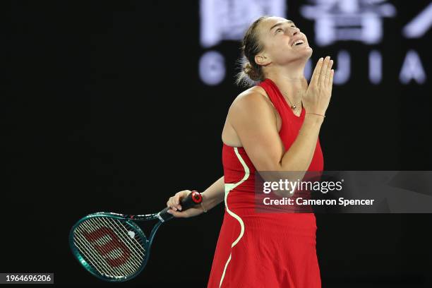 Aryna Sabalenka celebrates winning championship point during their Women's Singles Final match against Qinwen Zheng of China during the 2024...