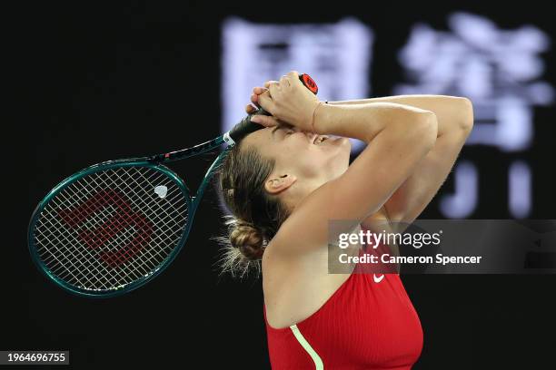 Aryna Sabalenka celebrates winning championship point during their Women's Singles Final match against Qinwen Zheng of China during the 2024...