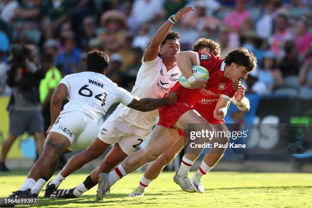 Matthew Percillier of Canada runs in for a try during the 2024 Perth SVNS men's match between New Zealand and Canada at HBF Park on January 27, 2024...