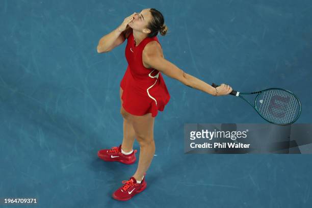 Aryna Sabalenka celebrates winning championship point during their Women's Singles Final match against Qinwen Zheng of China during the 2024...