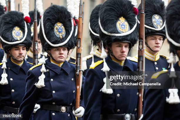 Royal guards arrive at Stockholm Palace for a state visit from French president Emmanuel Macron on January 30, 2024 in Stockholm, Sweden. The French...