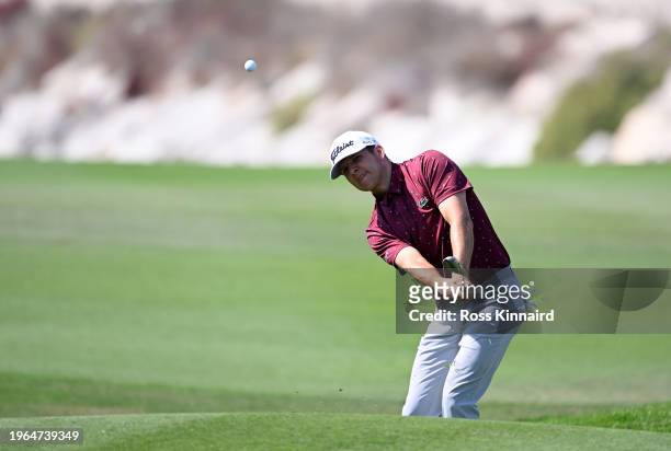 Yannik Paul of Germany pitches in for an eagle two on the 5th hole during the third round of the Ras Al Khaimah Championship at Al Hamra Golf Club on...