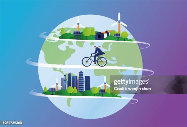 bildbanksillustrationer, clip art samt tecknat material och ikoner med a business man rides a bicycle on the earth for low-carbon travel, a concept illustration of new energy and environmental protection. - på resande fot