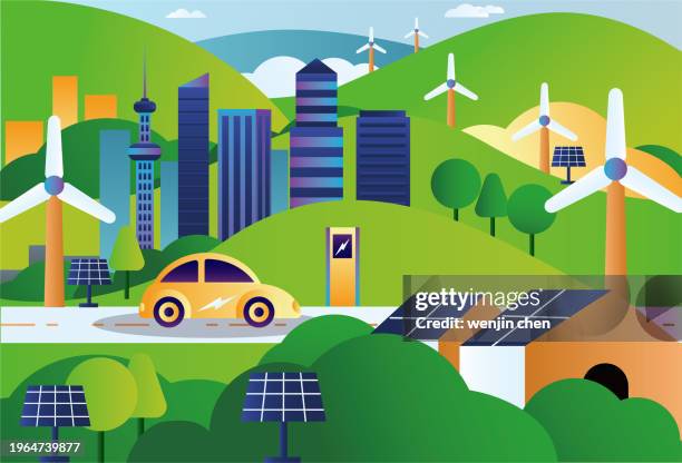 ilustrações de stock, clip art, desenhos animados e ícones de new energy vehicles, cities and wind power generation, new energy environmental protection concept map. - painel solar