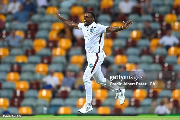 Justin Greaves of West Indies celebrates dismissing Marnus Labuschagne of Australia during day three the Second Test match in the series between...