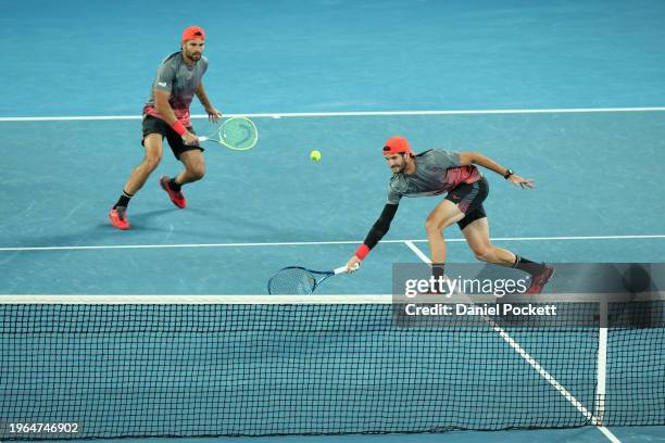 Andrea Vavassori of Italy plays a forehand in their Men’s Doubles Final match against Rohan Bopanna of India and Matthew Ebden of Australia during...