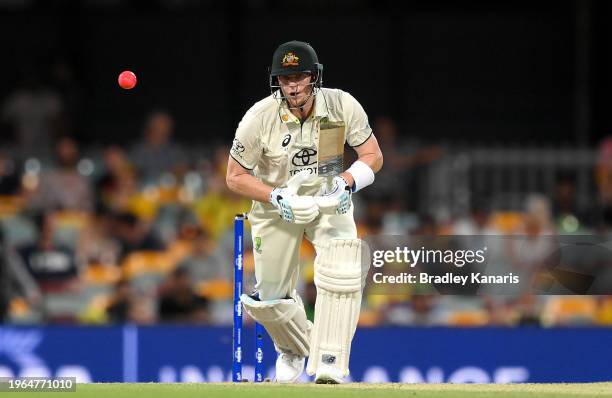 Steve Smith of Australia bats during day three of the Second Test match in the series between Australia and West Indies at The Gabba on January 27,...