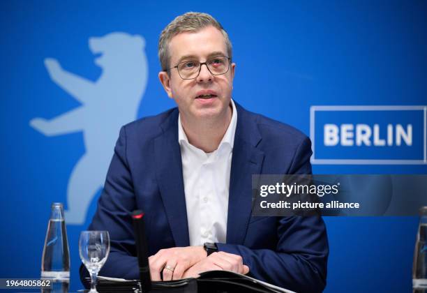 January 2024, Berlin: Stefan Evers , Berlin Senator for Finance, comments on current issues at the press conference after the Berlin Senate meeting...