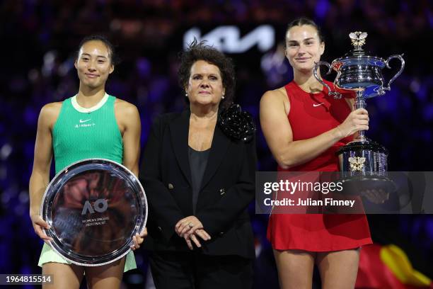 Qinwen Zheng of China, Evonne Goolagong Cawley and Aryna Sabalenka pose during the official presentation during their Women's Singles Final match...