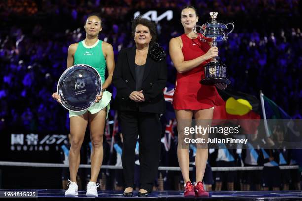 Qinwen Zheng of China, Evonne Goolagong Cawley and Aryna Sabalenka pose during the official presentation during their Women's Singles Final match...
