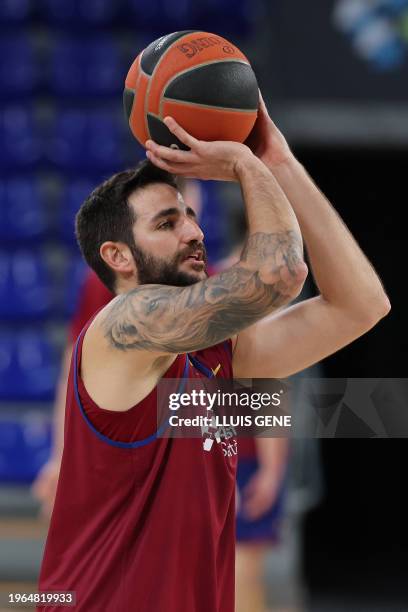 Spanish guard Ricky Rubio takes part in a training session with FC Barcelona's players, in Barcelona on January 30, 2023. Spanish guard Ricky Rubio...