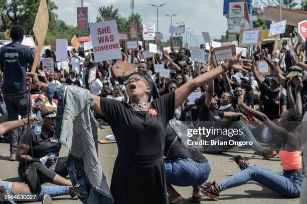 Activists react during a march to protest the killing of women on January 27, 2024 in Kisumu, Kenya. Kenya has been experiencing a surge of femicide...