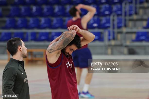 Spanish guard Ricky Rubio takes part in a training session with FC Barcelona's players, in Barcelona on January 30, 2023. Spanish guard Ricky Rubio...