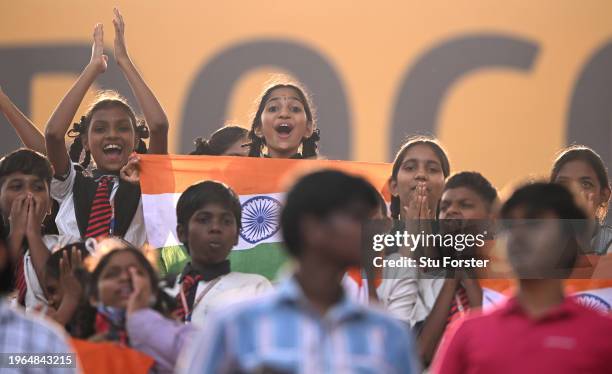 Colourful India Cricket fans watch play during day three of the 1st Test Match between India and England at Rajiv Gandhi International Stadium on...