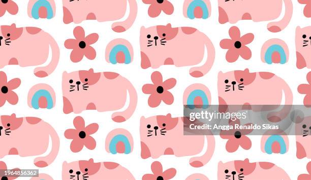 cute cat, flower and rainbow seamless pattern - pet clothing stock illustrations