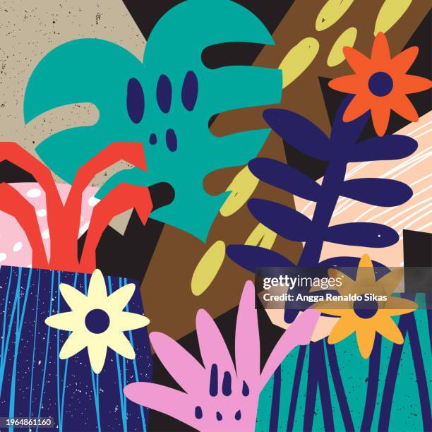 tropical plants and flowers botanical abstract collage art - graphic print stock illustrations