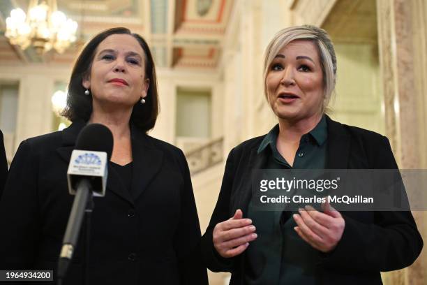 Sinn Fein's Mary Lou McDonald and Michelle O'Neill address the media on the imminent return of the Northern Ireland Government at Stormont, on...