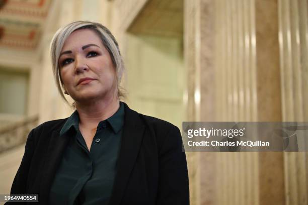 Sinn Fein Vice President Michelle O'Neill addresses the media on the imminent return of the Northern Ireland Government at Stormont, on January 30,...