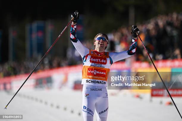 Jarl Magnus Riiber of Norway celebrates finishing in first place after competing during the FIS World Cup Nordic Combined Men Schonach Individual...