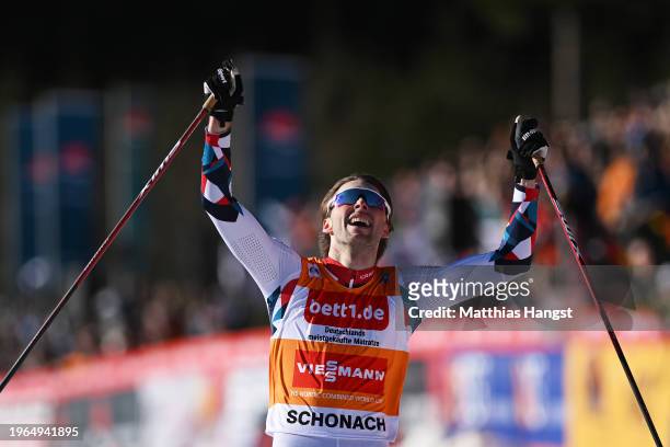 Jarl Magnus Riiber of Norway celebrates finishing in first place after competing during the FIS World Cup Nordic Combined Men Schonach Individual...