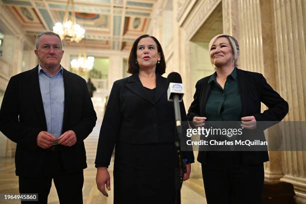 Sinn Fein's Conor Murphy, Mary Lou McDonald and Michelle O'Neill address the media on the imminent return of the Northern Ireland Government at...