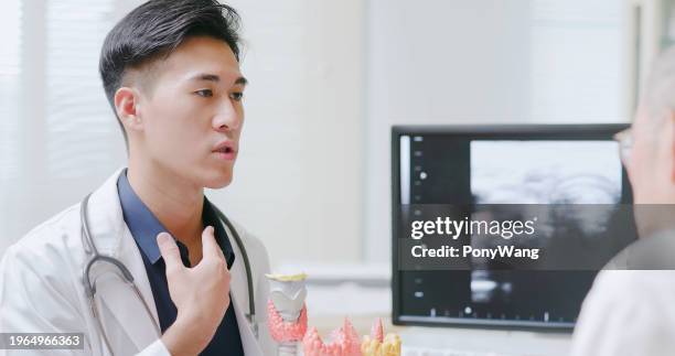 medico spiegare il modello orl - tiroide foto e immagini stock