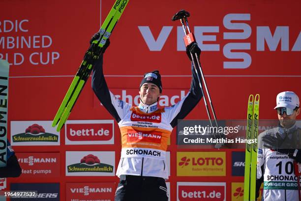 Jarl Magnus Riiber of Norway celebrates on the podium after finishing in First Place after competing during the FIS World Cup Nordic Combined Men...