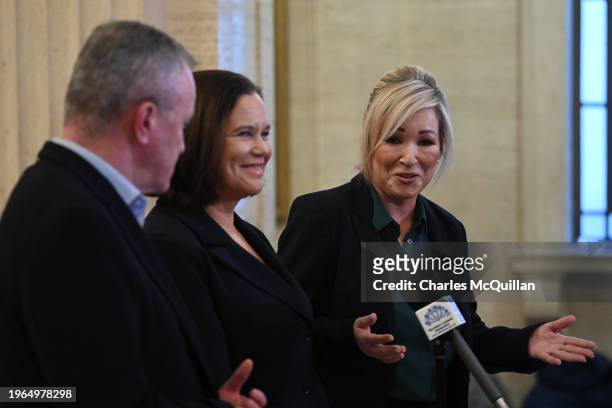 Sinn Fein's Conor Murphy, Mary Lou McDonald and Michelle O'Neill address the media on the imminent return of the Northern Ireland Government at...