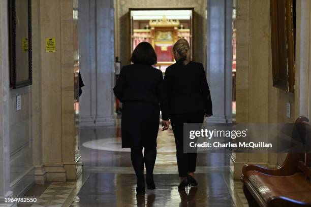 Sinn Fein's Mary Lou McDonald and Michelle O'Neill leave after addressing the media on the imminent return of the Northern Ireland Government at...