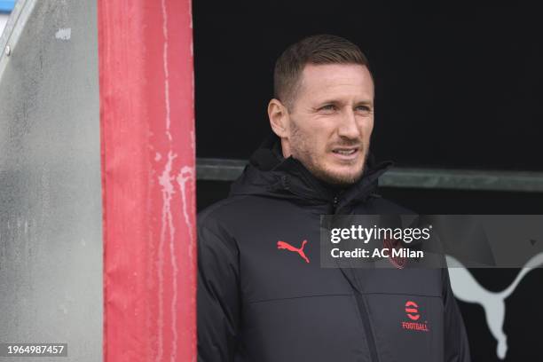 Head Coach Ignazio Abate of AC Milan looks on during the Primavera 1 match between AC Milan U19 and AS Roma U19 at Vismara PUMA House of Football on...