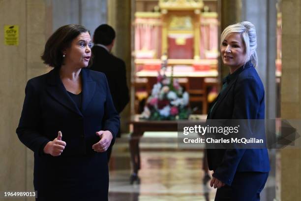 Sinn Fein's Mary Lou McDonald and Michelle O'Neill leave after addressing the media on the imminent return of the Northern Ireland Government at...