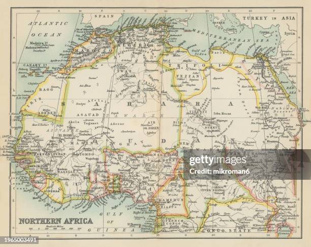 old chromolithograph map of northern africa - antique logo stock pictures, royalty-free photos & images