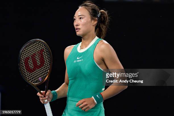 Qinwen Zheng of China looks on during her Women's Singles Final match against Aryna Sabalenka during day fourteen of the 2024 Australian Open at...