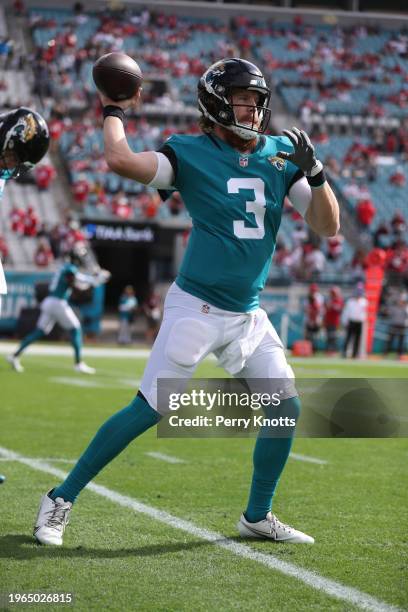 Beathard of the Jacksonville Jaguars throws a pass prior to the game against the San Francisco 49ers at TIAA Bank Field on November 21, 2021 in...