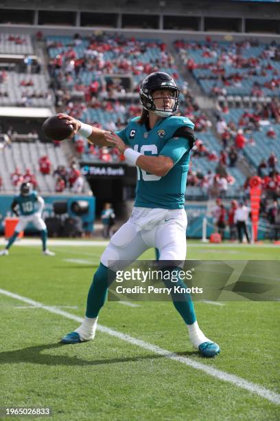 Trevor Lawrence of the Jacksonville Jaguars throws a pass prior to the game against the San Francisco 49ers at TIAA Bank Field on November 21, 2021...