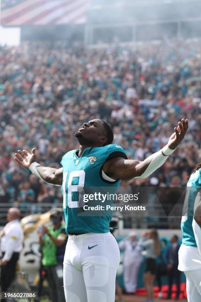 Laquon Treadwell of the Jacksonville Jaguars stands on the sideline during the national anthem prior to the game against the San Francisco 49ers at...